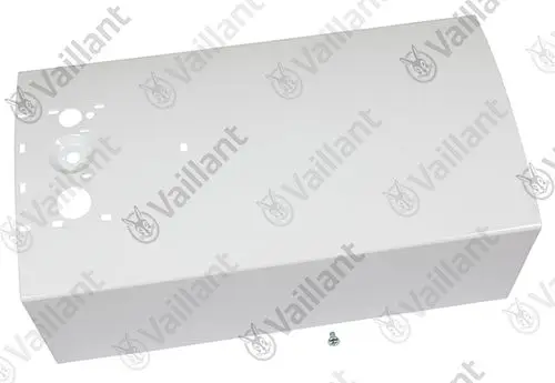 Weiße Verkleidung von Vaillant mit Aussparungen für Anschlüsse. Sichtbare Schraube auf der Oberfläche.